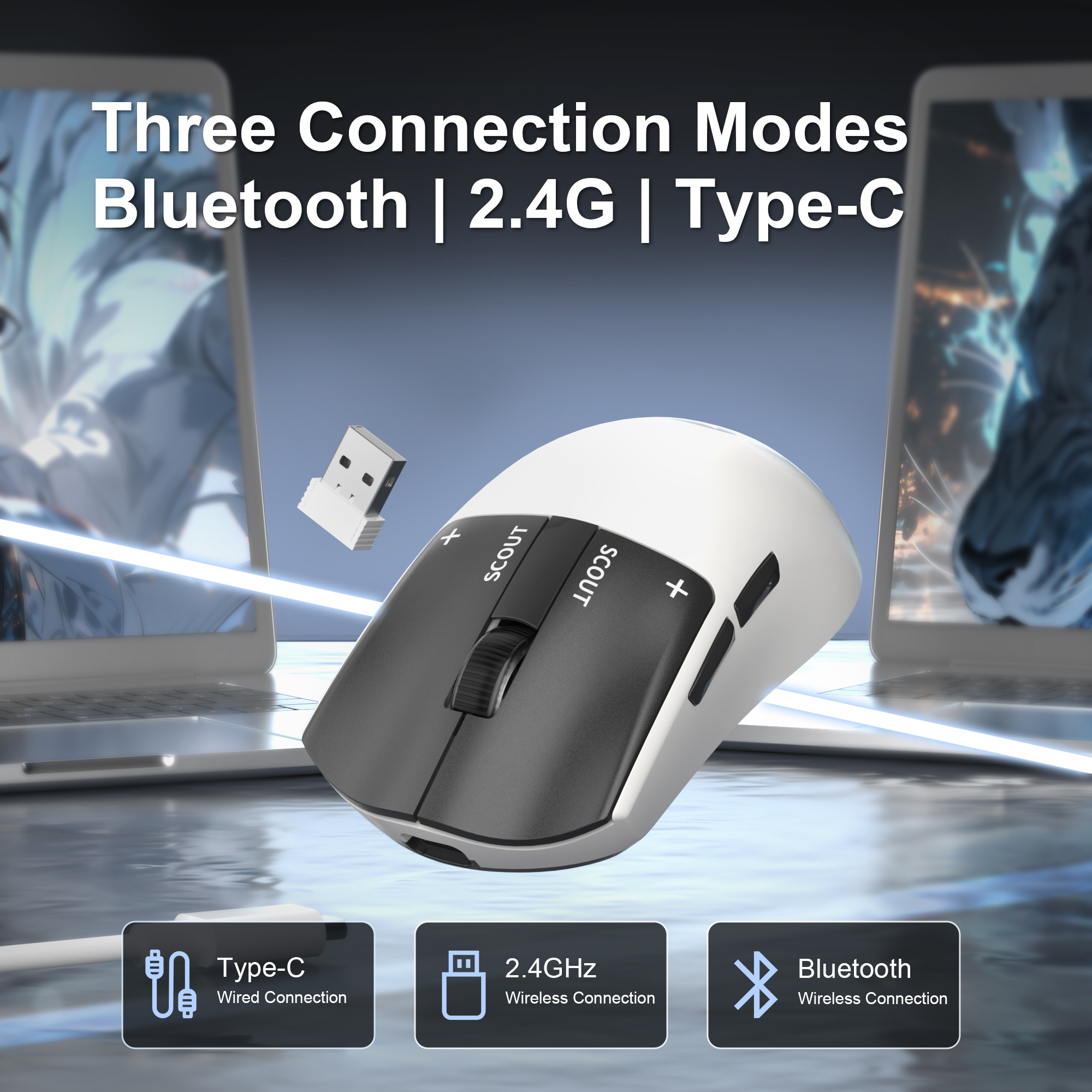MageGee Scout & RGB Dock Station 12.000DPI PAW3311 Triple Mode (Kablolu/Bluetooth/2.4G) Beyaz Gaming Mouse