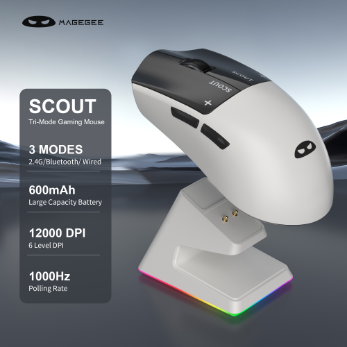 MageGee Scout & RGB Dock Station 12.000DPI PAW3311 Triple Mode (Kablolu/Bluetooth/2.4G) Beyaz Gaming Mouse