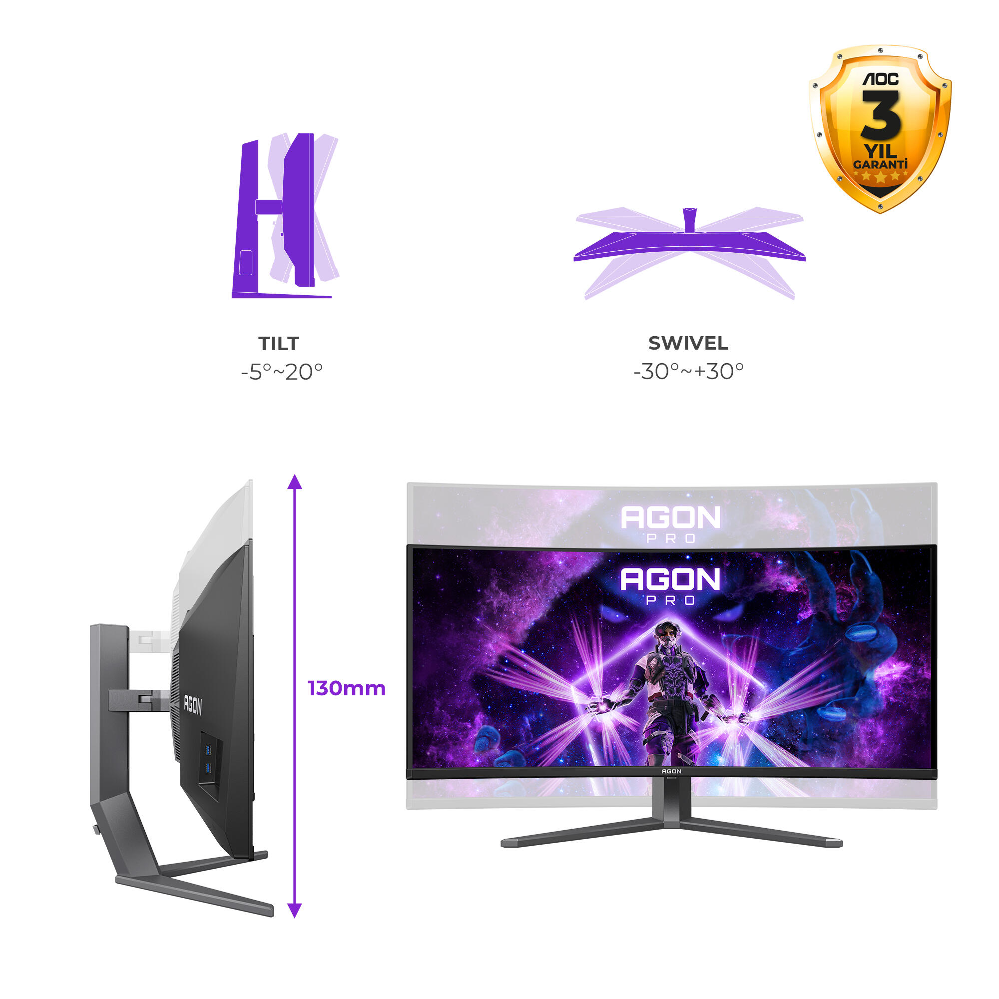 AOC AGON PRO AGP346UCSD 34″ 360Hz 0.03ms HDMI DP Adaptive Sync HDR500 WQHD QD-OLED Curved 1800R Gaming Monitör