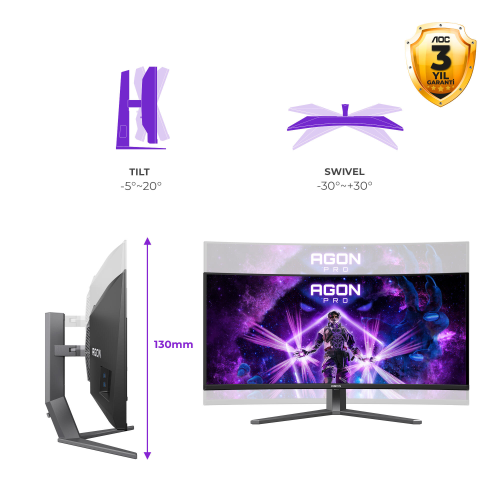 AOC AGON PRO AGP346UCSD 34″ 360Hz 0.03ms HDMI DP Adaptive Sync HDR500 WQHD QD-OLED Curved 1800R Gaming Monitör