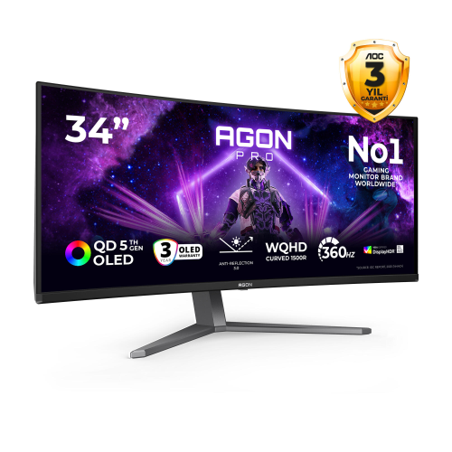 AOC AGON PRO AGP346UCSD 34″ 360Hz 0.03ms HDMI DP Adaptive Sync HDR500 WQHD QD-OLED Curved 1800R Gaming Monitör