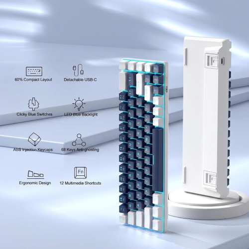 MageGee MK-BOX 68 Tuş Kablolu Mekanik Blue Switch Türkçe Q Mavi-Beyaz Gaming Klavye