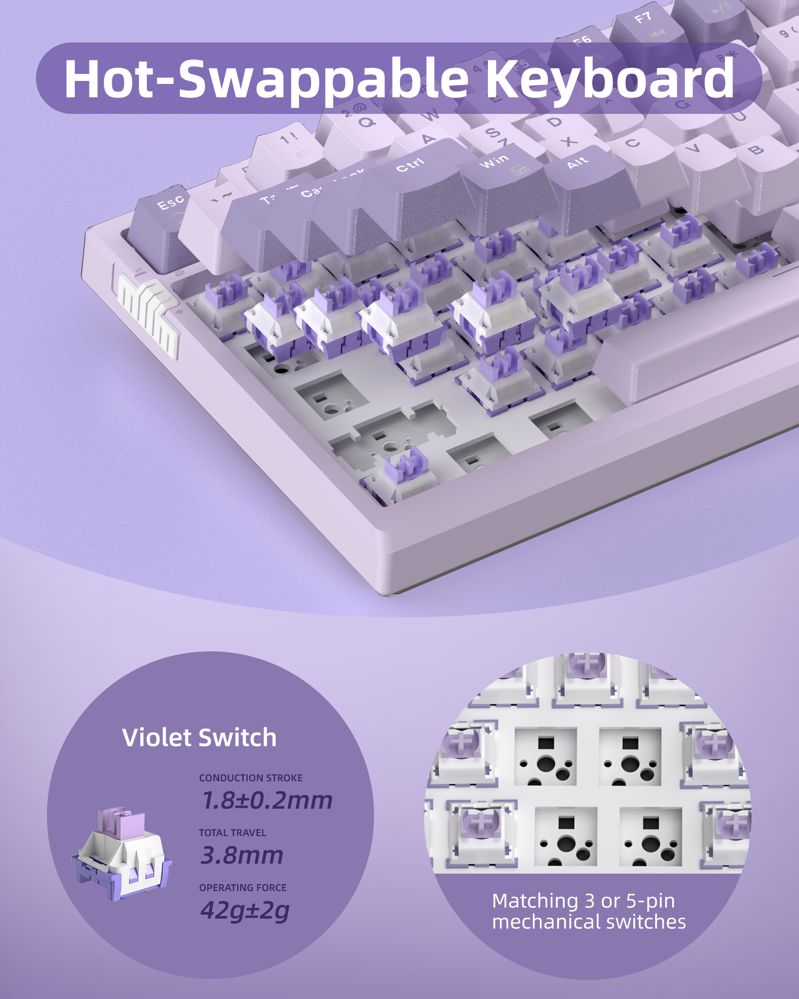 SKY81 Violet 83 Tuş Kablosuz RGB Hot-Swap Mekanik Gasket Mor Gaming Klavye