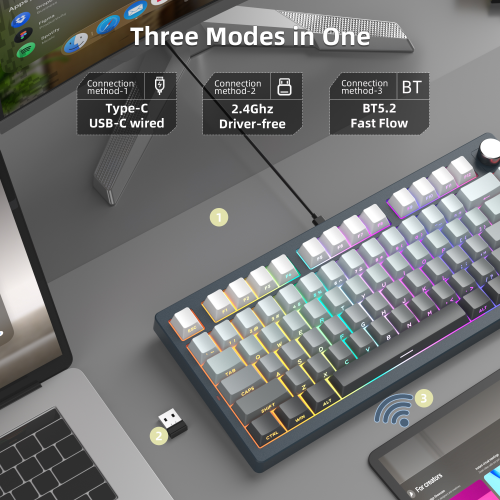 MageGee Light75 Tri-Mode Kablosuz RGB Hot-Swap Mekanik Siyah-Gri Gradient Gasket Gaming Klavye