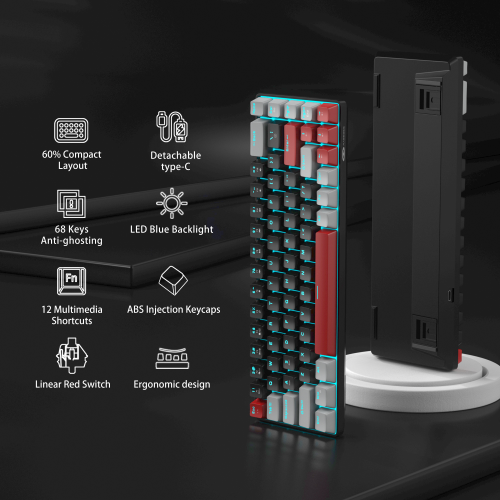 MageGee MK-BOX 68 Tuş Kablolu Mekanik Red Switch Türkçe Q Gri-Siyah Gaming Klavye