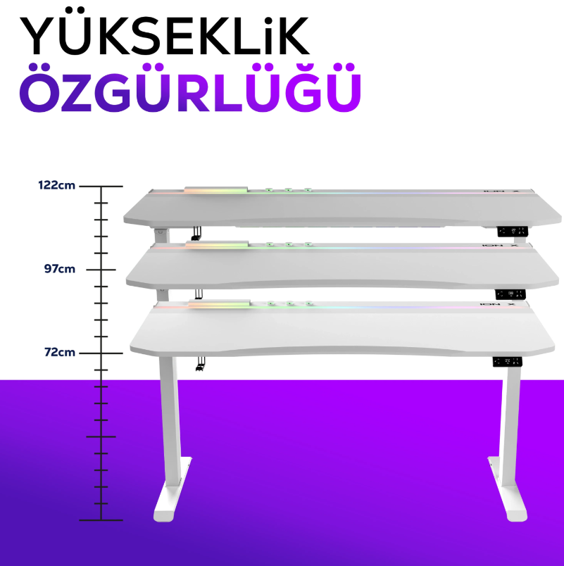 Hawk ION X Çift Motorlu Yükseklik Ayarlı RGB 160x80 Beyaz Renk Çalışma ve Oyuncu Masası