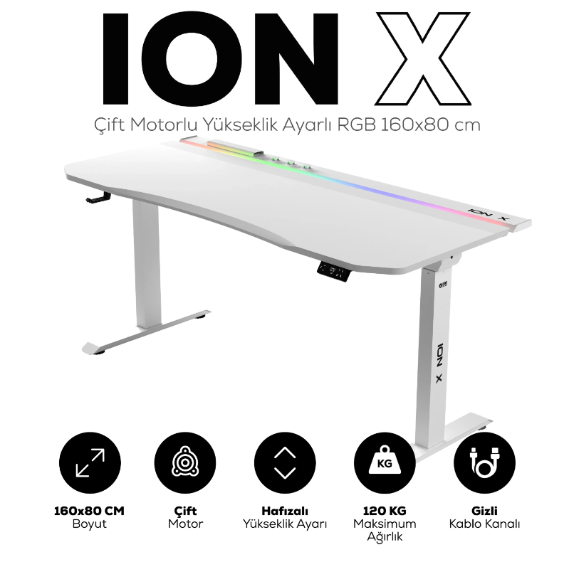Hawk ION X Çift Motorlu Yükseklik Ayarlı RGB 160x80 Beyaz Renk Çalışma ve Oyuncu Masası