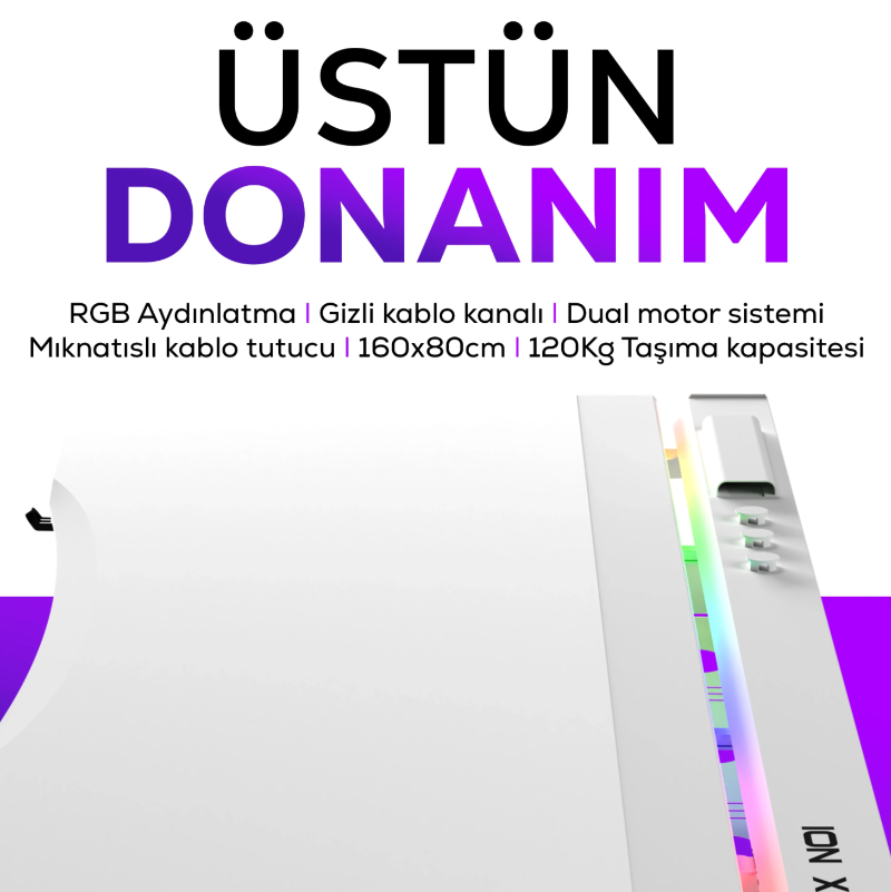 Hawk ION X Çift Motorlu Yükseklik Ayarlı RGB 160x80 Beyaz Renk Çalışma ve Oyuncu Masası