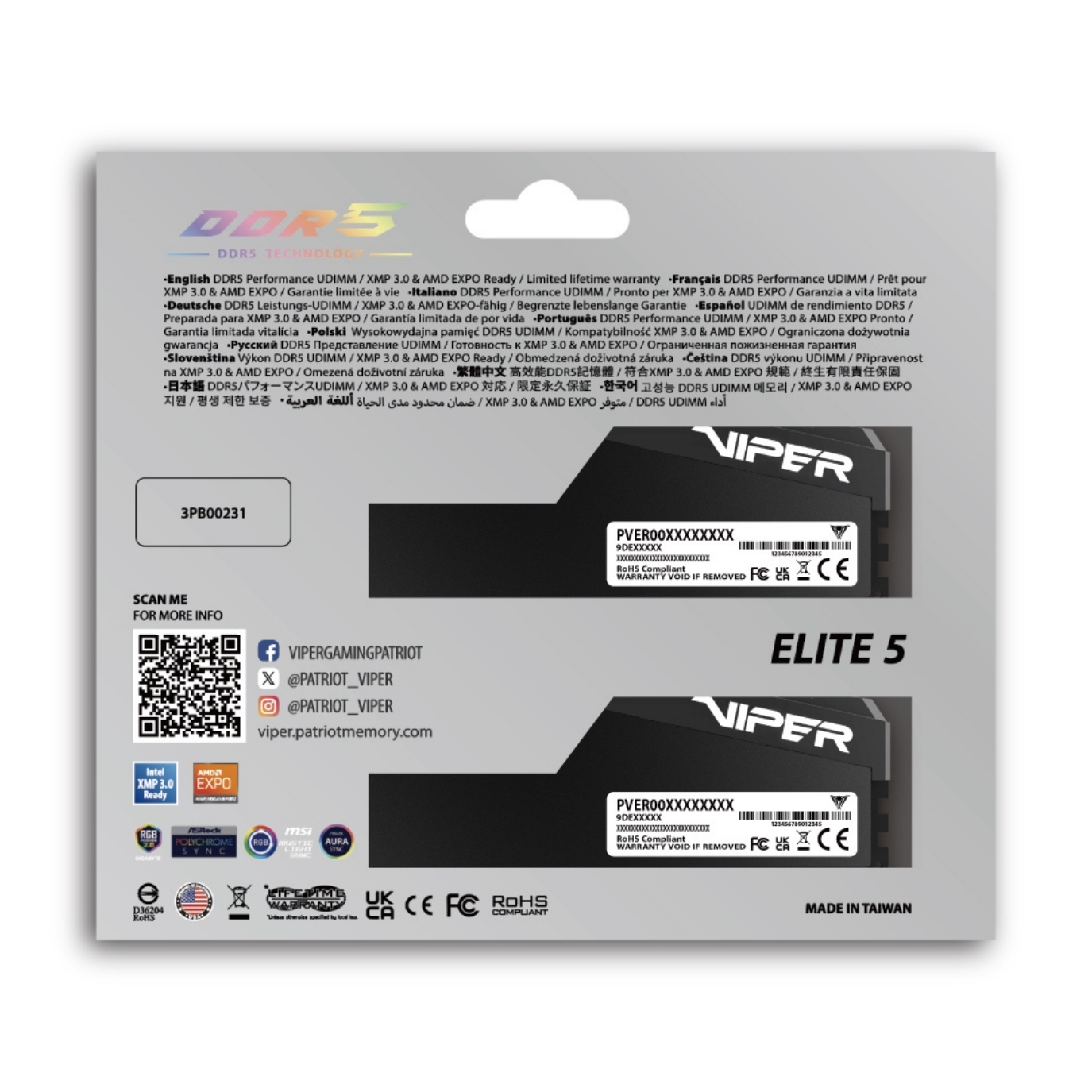 Patriot Viper Elite 5 Ultra RGB 64GB (2x32) DDR5 6400MHz CL36 Gaming Ram (VEUR564G6436K)