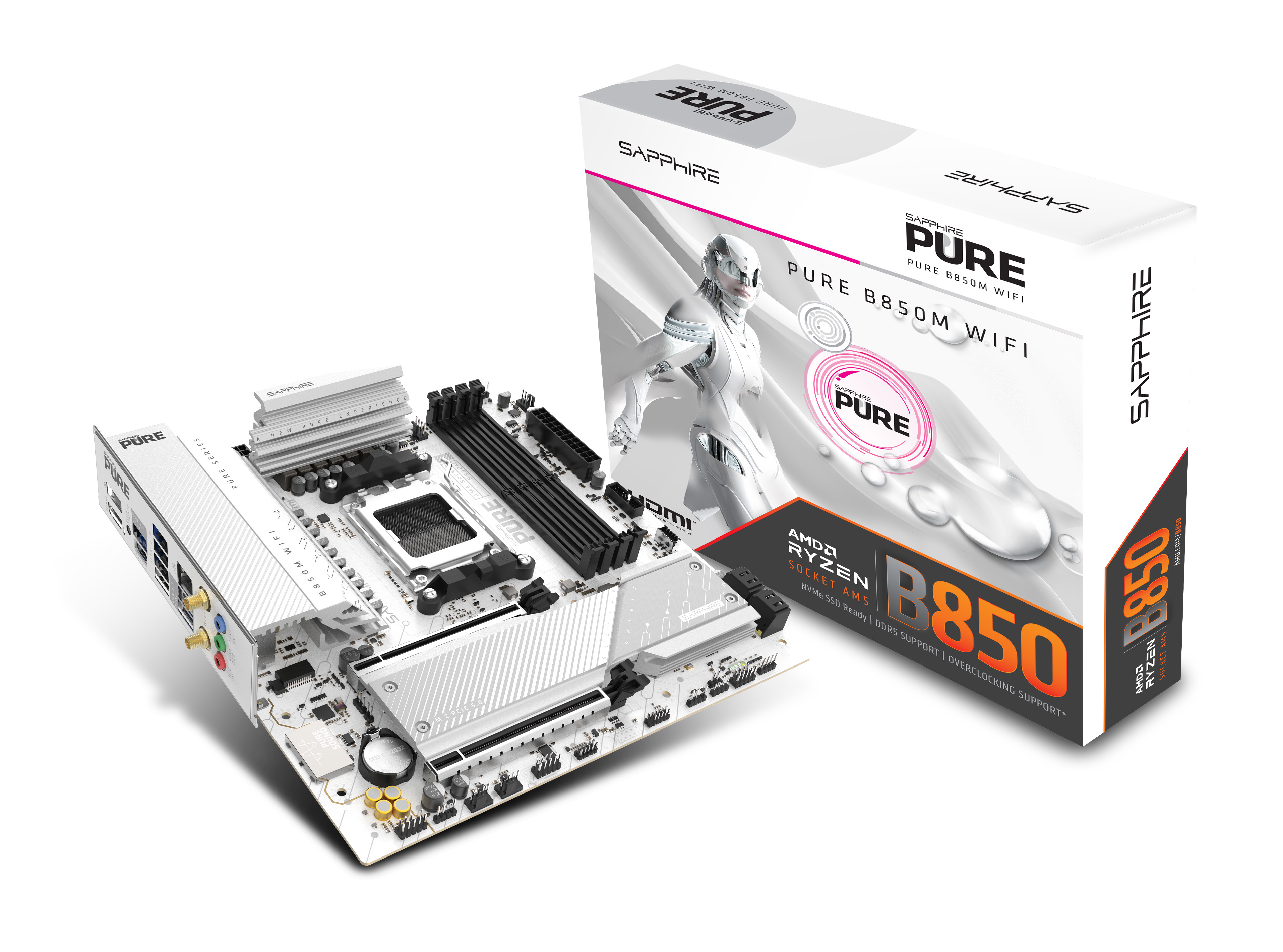 SAPPHIRE PURE B850M WiFi6 52123-02-40G AM5 DDR5 8000+MHz (OC) mATX Beyaz Gaming (Oyuncu) Anakart