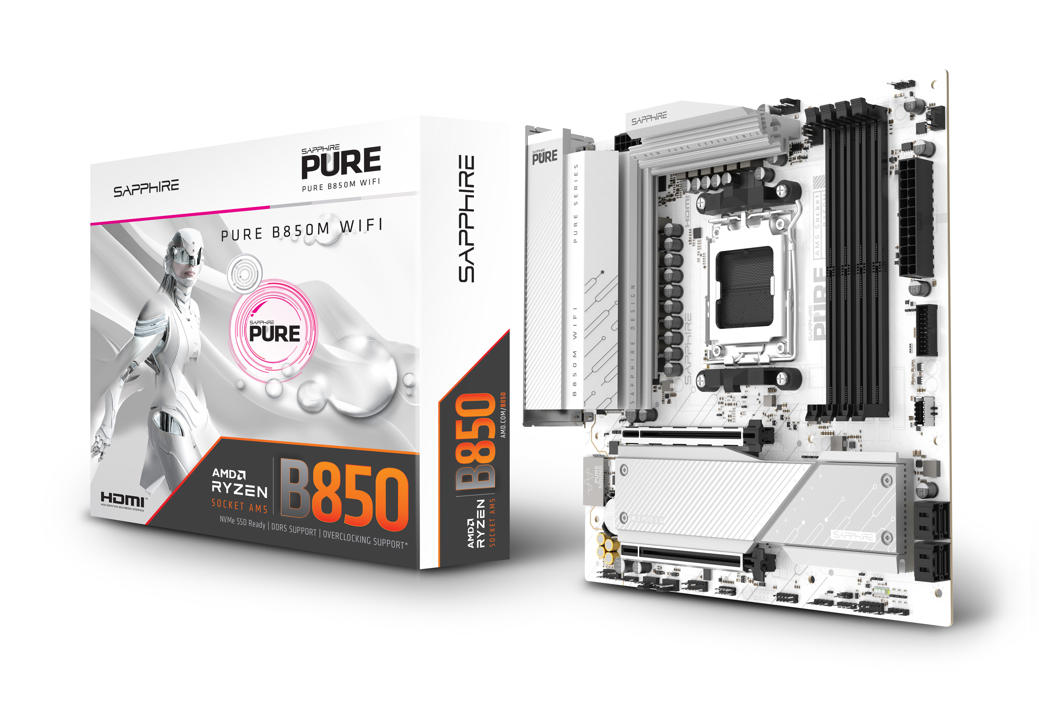 SAPPHIRE PURE B850M WiFi6 52123-02-40G AM5 DDR5 8000+MHz (OC) mATX Beyaz Gaming (Oyuncu) Anakart